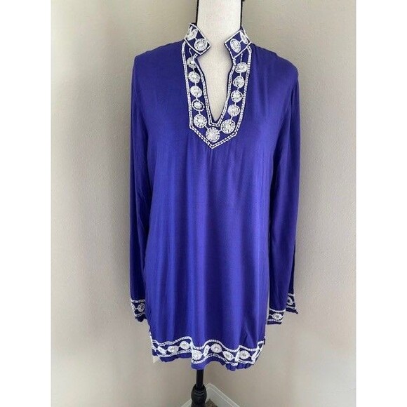 escapada Tops - Escapada Purple Blouse with Pearl Stone Embellishment Neck Hem Cuffs Sz M NWT